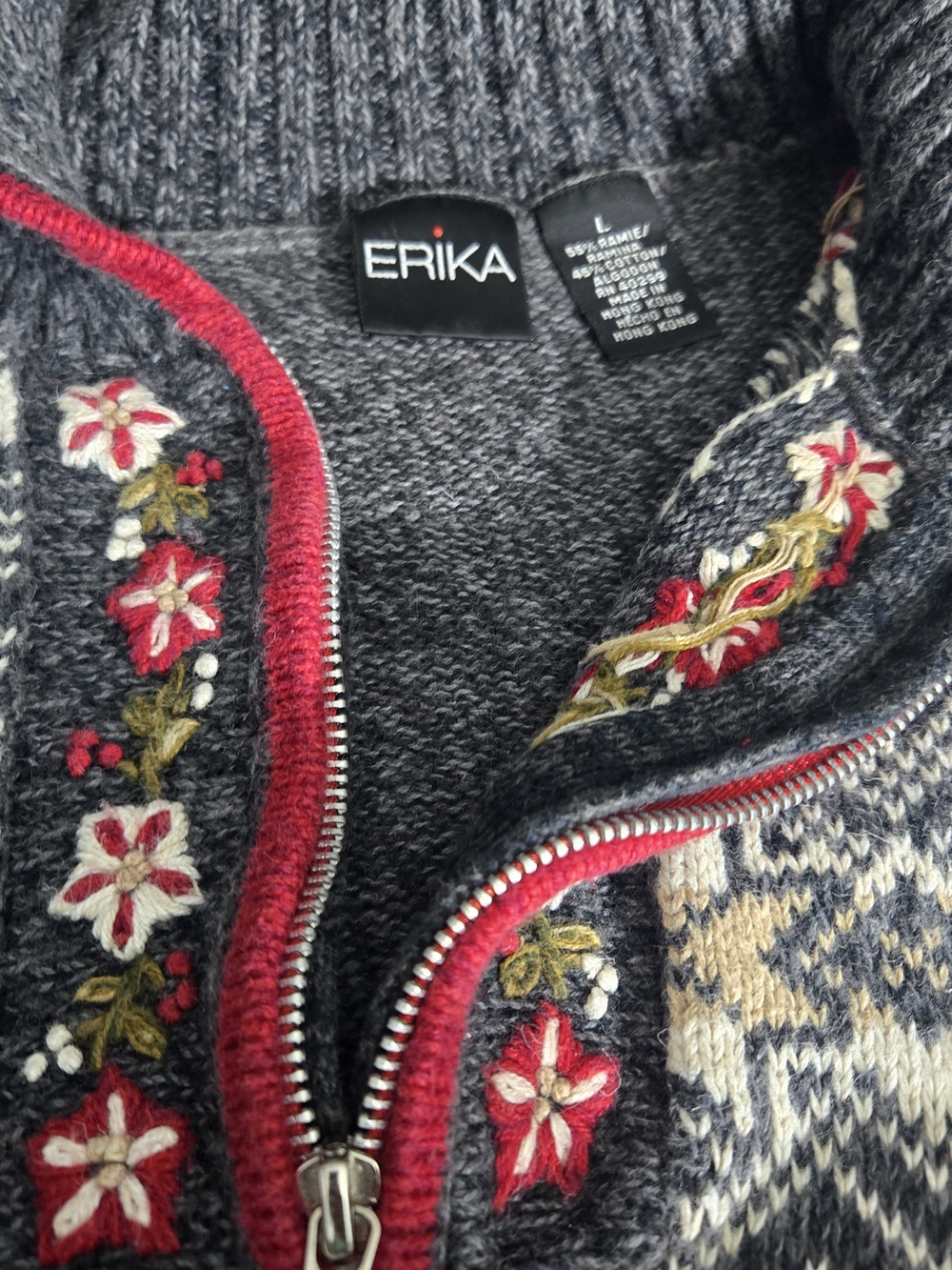 Vintage Erika Women’s Charcoal Gray Fair Isle Half-Zip Knit Sweater - Picture 4 of 8
